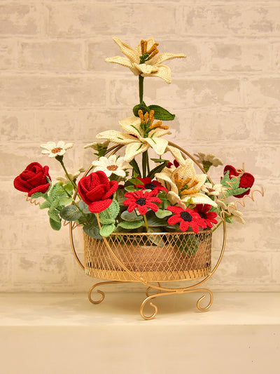 Passionate Reds: Crochet Floral Arrangement with Red Roses, Daisies & Lilies