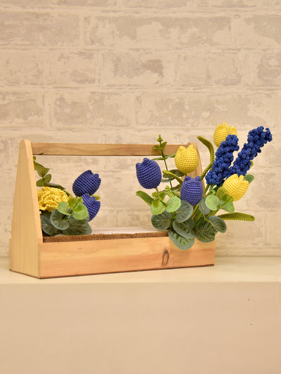 Happy Threads Handcrafted Crochet Floral Arrangement- Blue & Yellow Tulips & Hyacinth