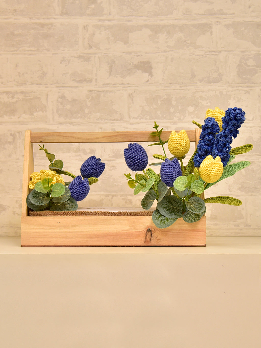 Blue & Yellow Tulips with Hyacinth Crochet Flowers | Artisan Floral Arrangement