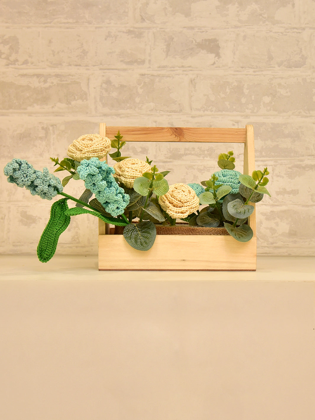 Happy Threads Handcrafted Crochet Floral Arrangement- Blue Hyacinth & Cream Rose
