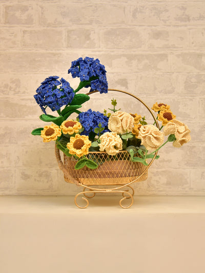 Happy Threads Handcrafted Crochet Floral Arrangement- Blue Hydrangeas, Sunflowers & Cream Carnations