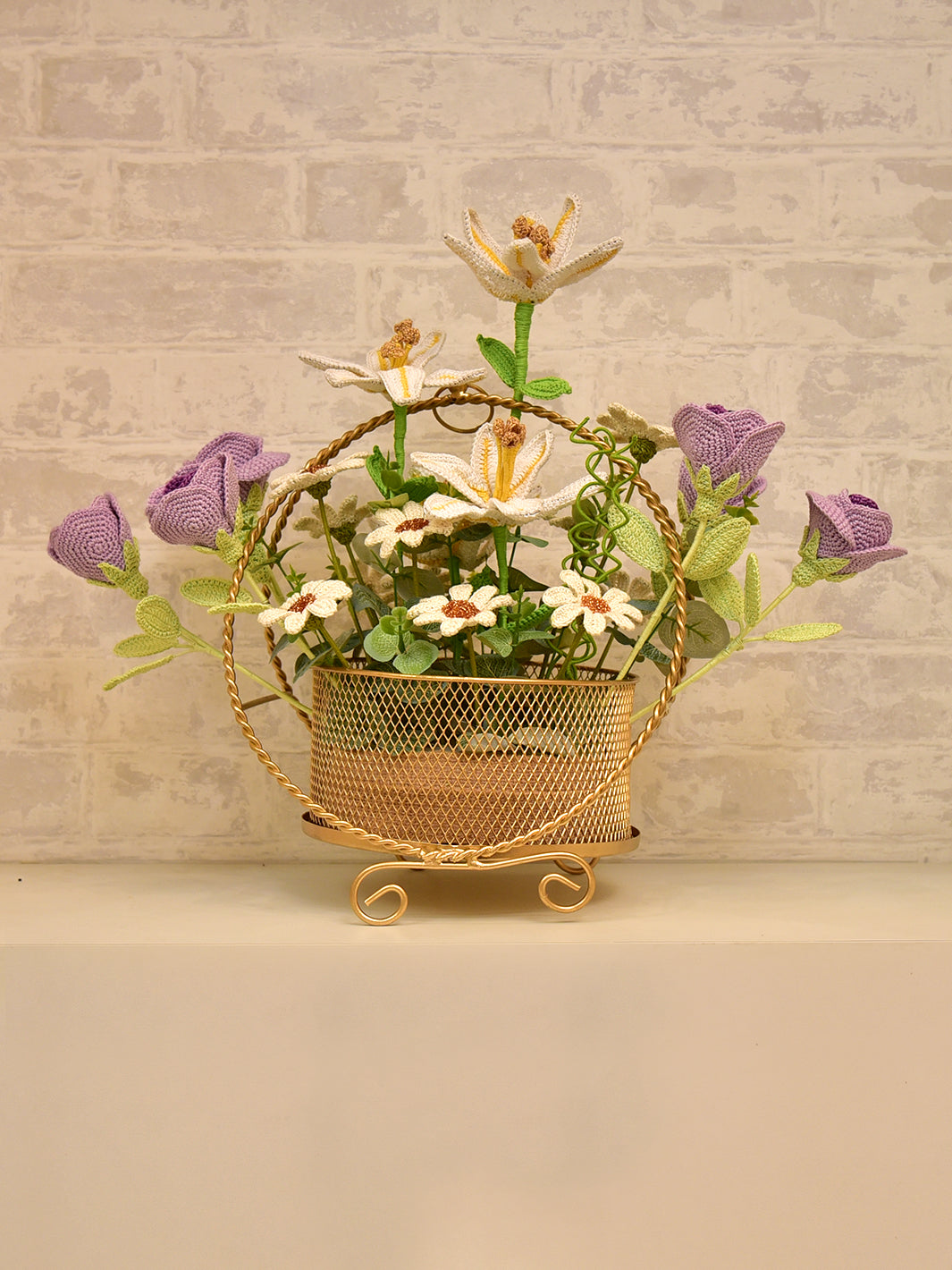 Happy Threads Handcrafted Crochet Floral Arrangement- Purple  Rose & White Lilies