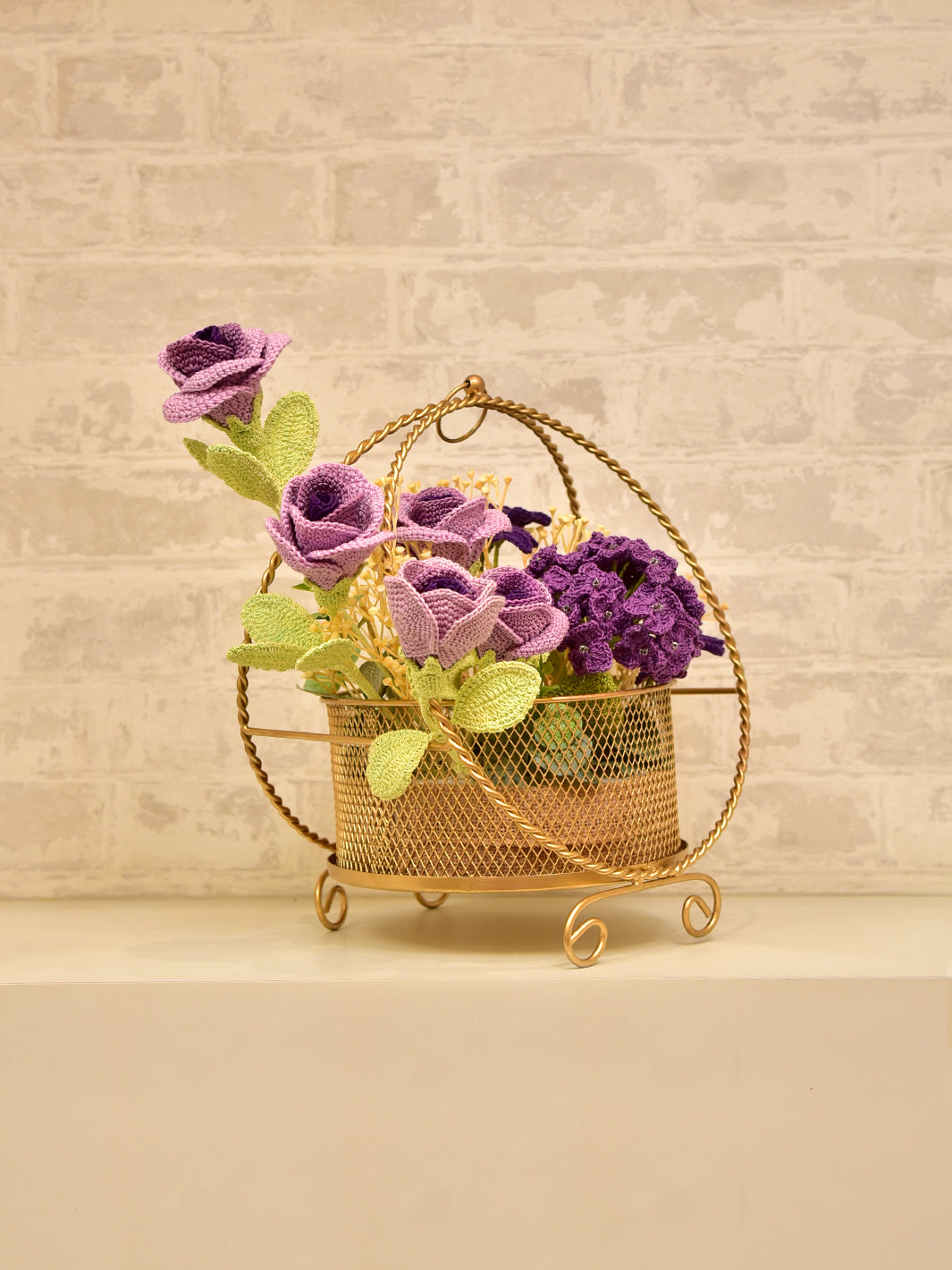 Enchanting Harmony: Crochet Floral Arrangement with Purple Roses & Daisies