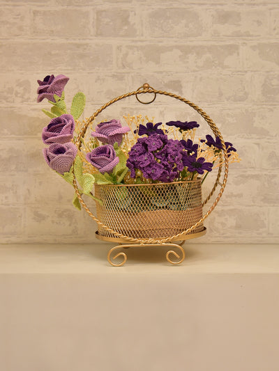 Enchanting Harmony: Crochet Floral Arrangement with Purple Roses & Daisies