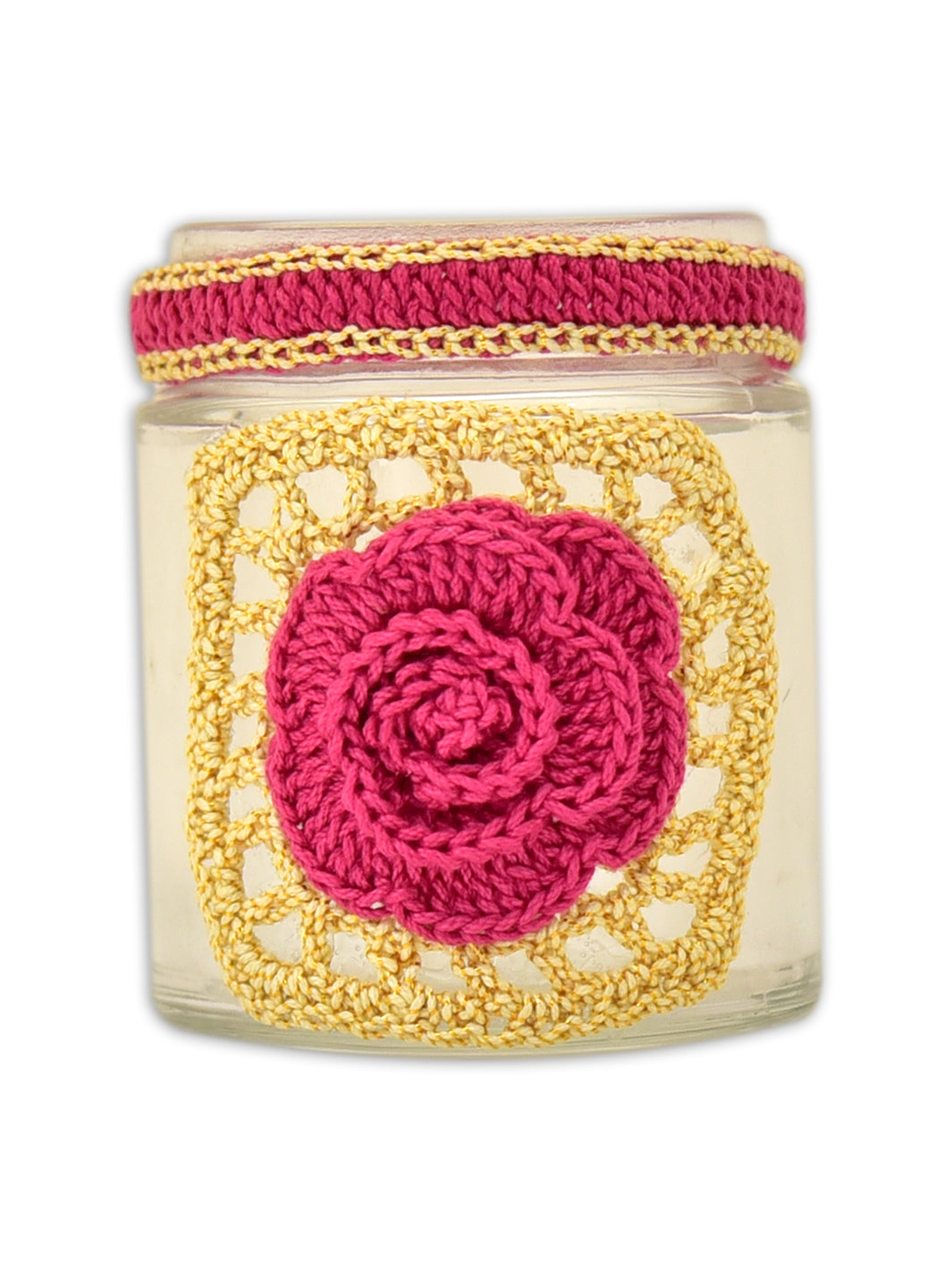 Handcrafted Crochet Rose Tealight Jar- Pink