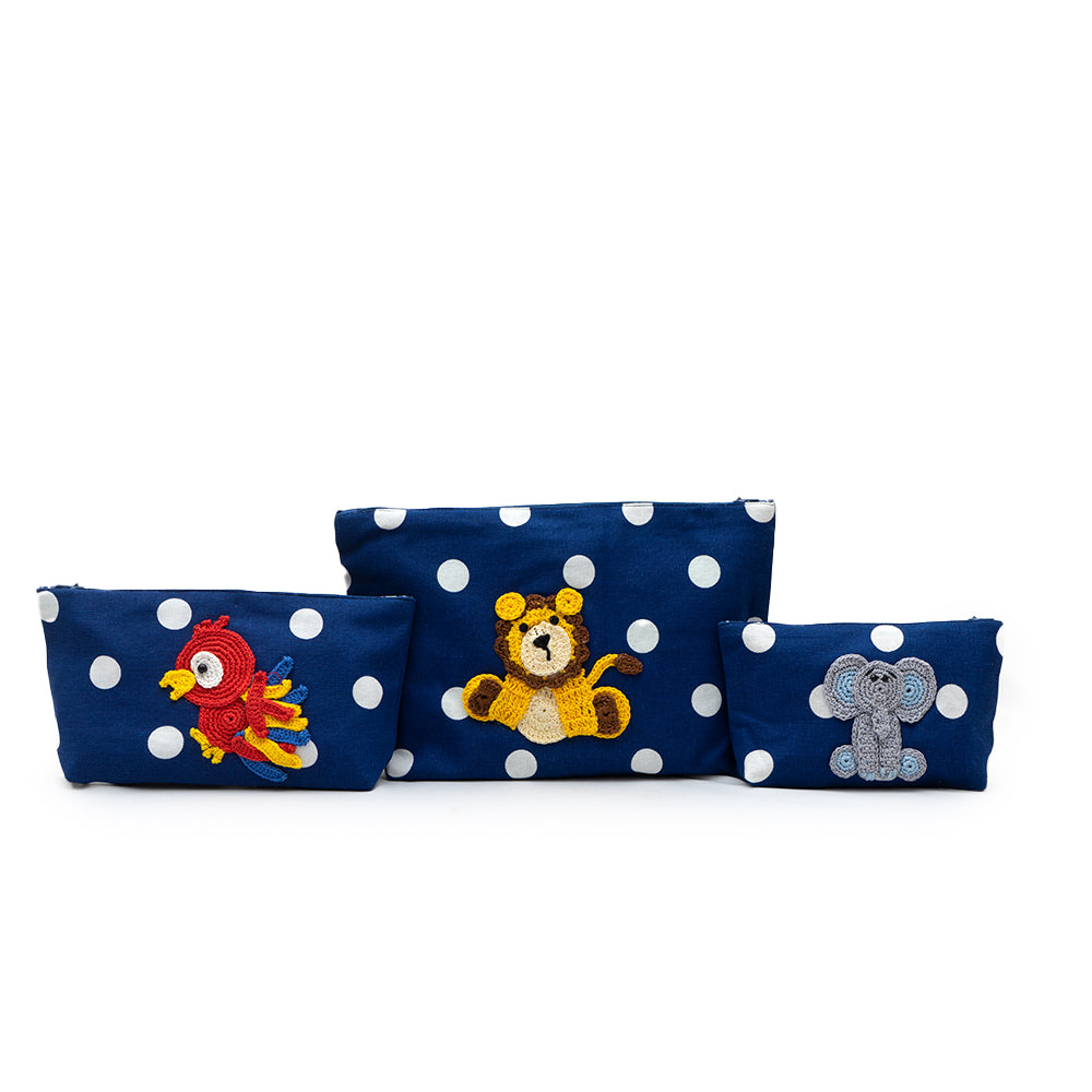 Handcrafted Amigurumi Cotton Storage 
Pouch with Hand Made Crochet Animals 
(Dark Blue) Comes in Set of 3